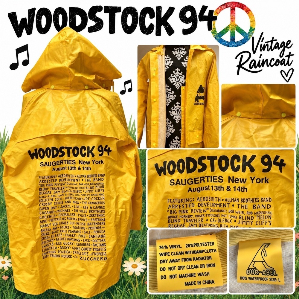Vintage Woodstock 94 Rain Jacket Yellow Dur-Abel Festival Slicker 1994 Concert